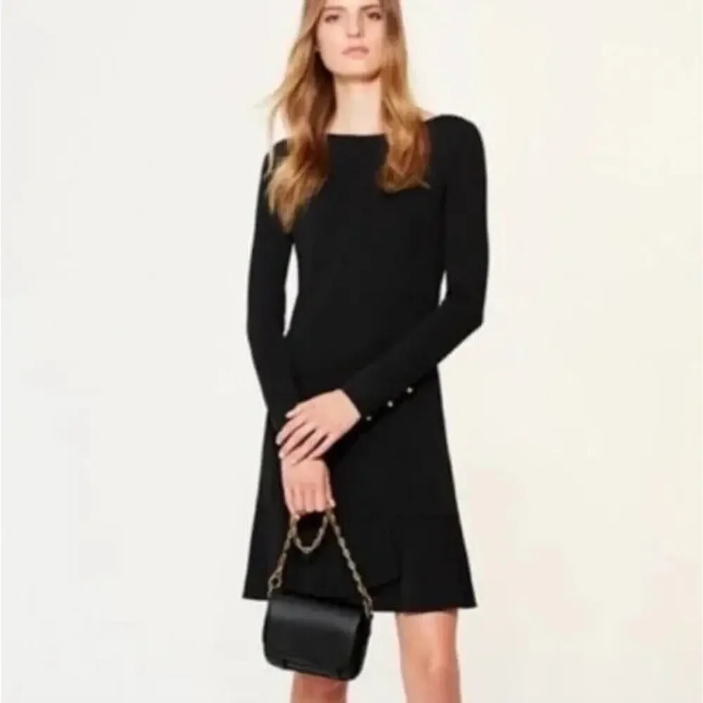 Tory Burch Foster Long Sleeve Ruffle Hem Black Dress Shift 32529 Round N…
